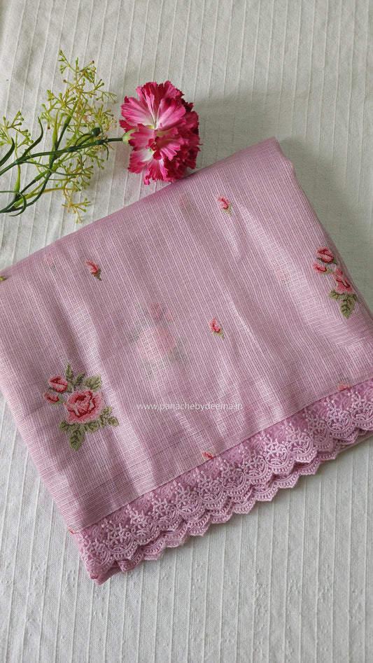 Silky Kota saree with cross stitch embroidery and lace detailed borders|Pink |SL2