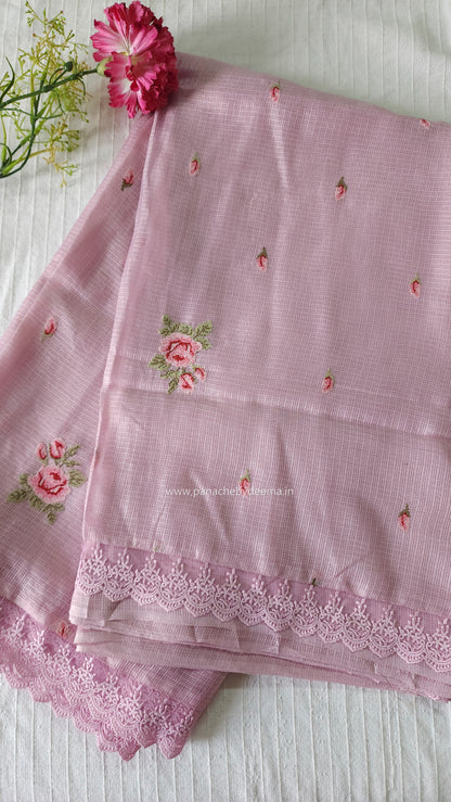 Silky Kota saree with cross stitch embroidery and lace detailed borders|Pink |SL2