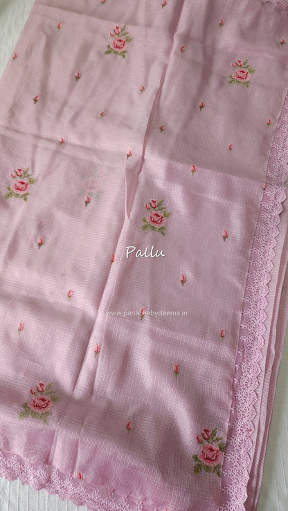 Silky Kota saree with cross stitch embroidery and lace detailed borders|Pink |SL2