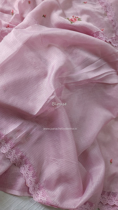 Silky Kota saree with cross stitch embroidery and lace detailed borders|Pink |SL2