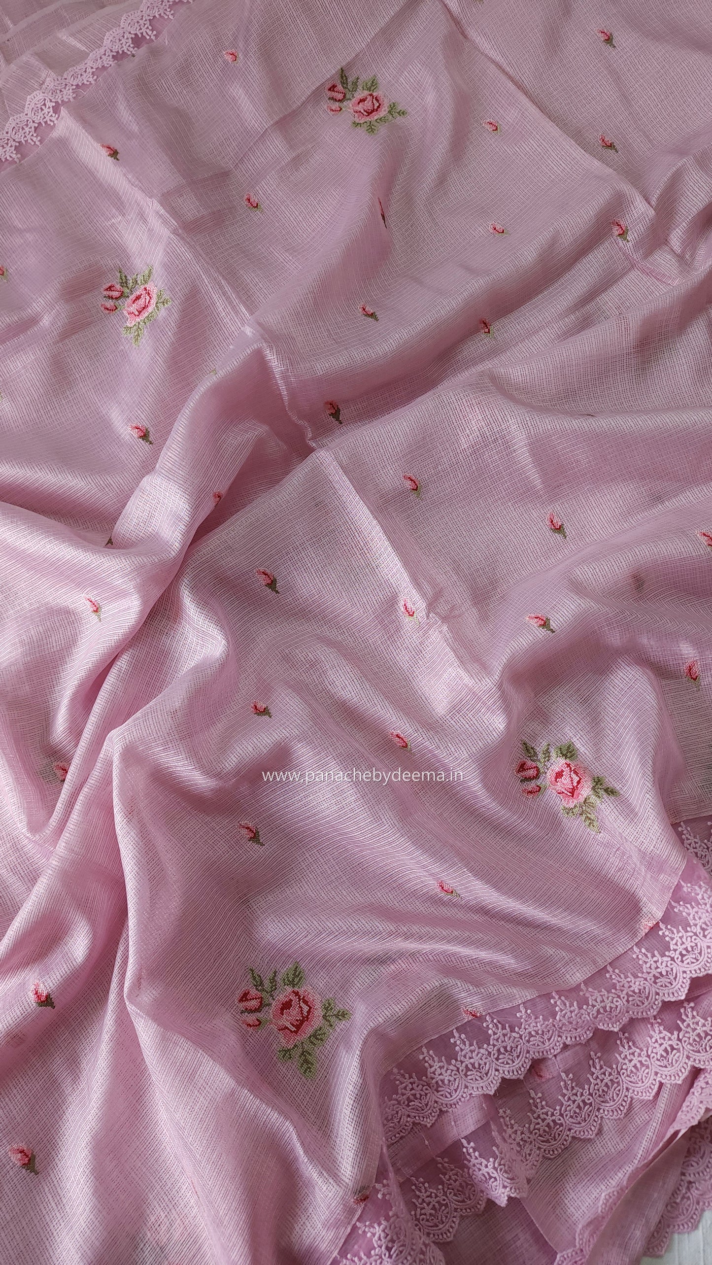 Silky Kota saree with cross stitch embroidery and lace detailed borders|Pink |SL2