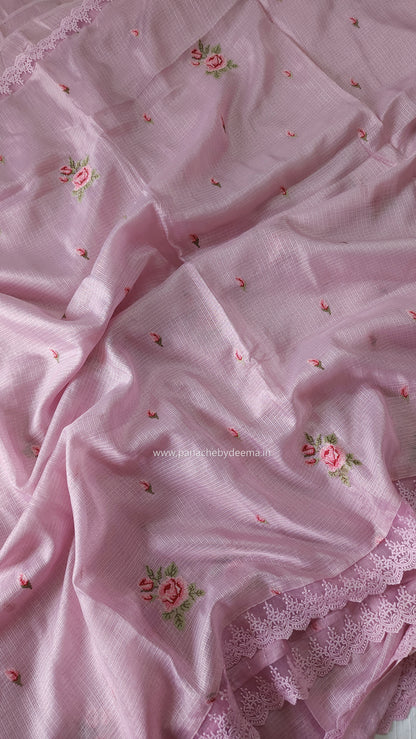 Silky Kota saree with cross stitch embroidery and lace detailed borders|Pink |SL2