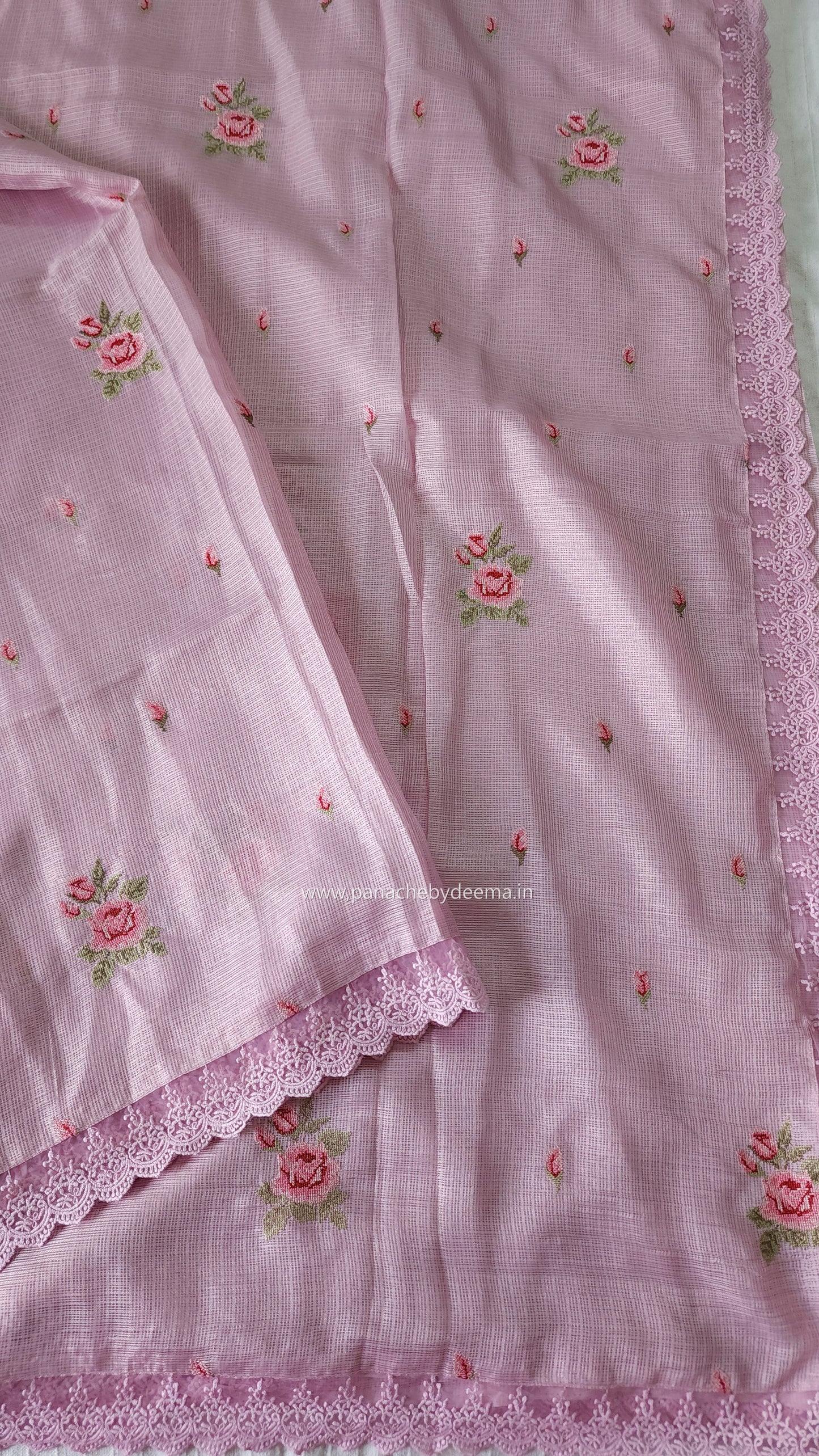Silky Kota saree with cross stitch embroidery and lace detailed borders|Pink |SL2