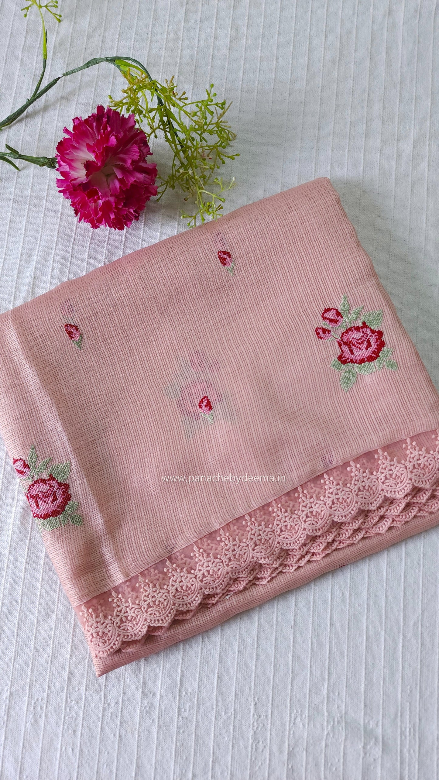 Silky Kota saree with cross stitch embroidery and lace detailed borders|Peach |SL1