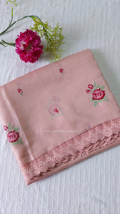 Silky Kota saree with cross stitch embroidery and lace detailed borders|Peach |SL1