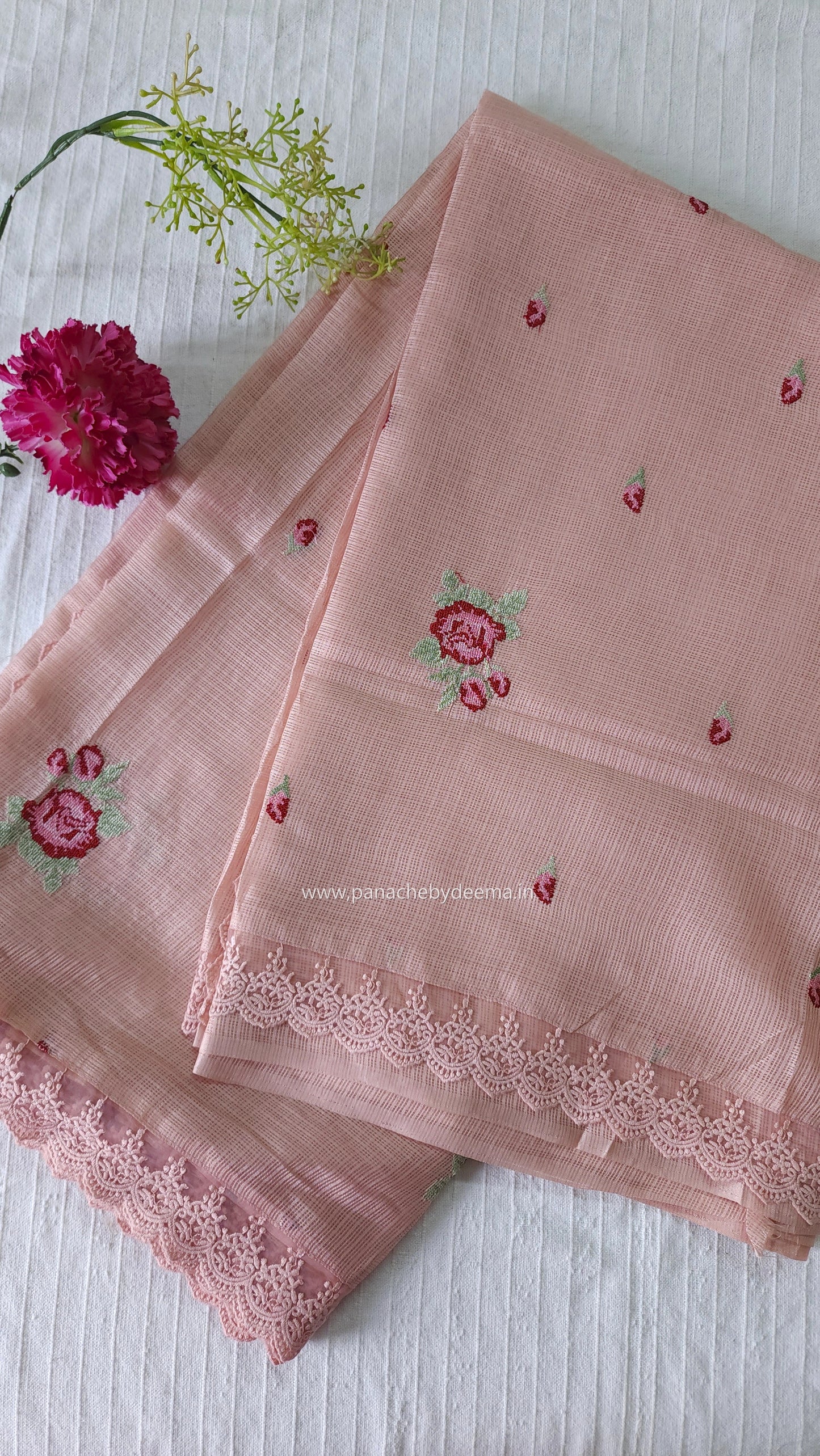 Silky Kota saree with cross stitch embroidery and lace detailed borders|Peach |SL1