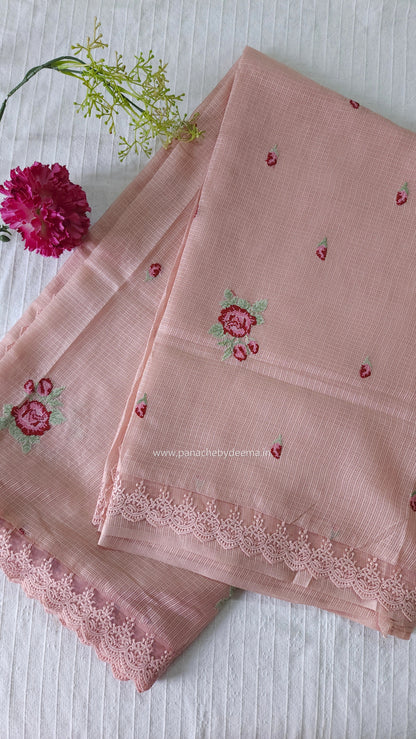 Silky Kota saree with cross stitch embroidery and lace detailed borders|Peach |SL1