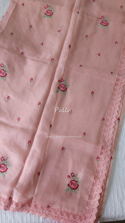 Silky Kota saree with cross stitch embroidery and lace detailed borders|Peach |SL1