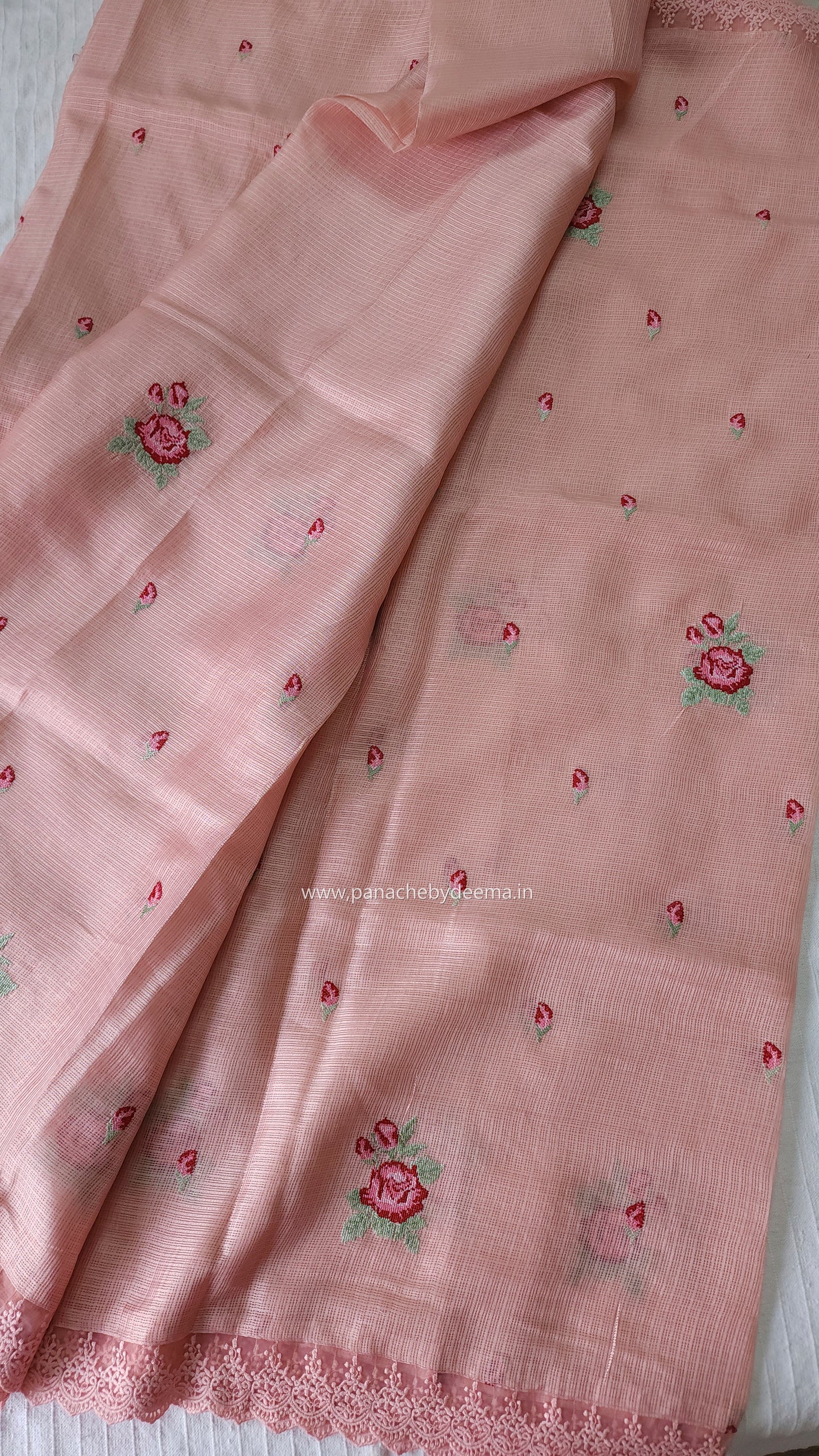 Silky Kota saree with cross stitch embroidery and lace detailed borders|Peach |SL1