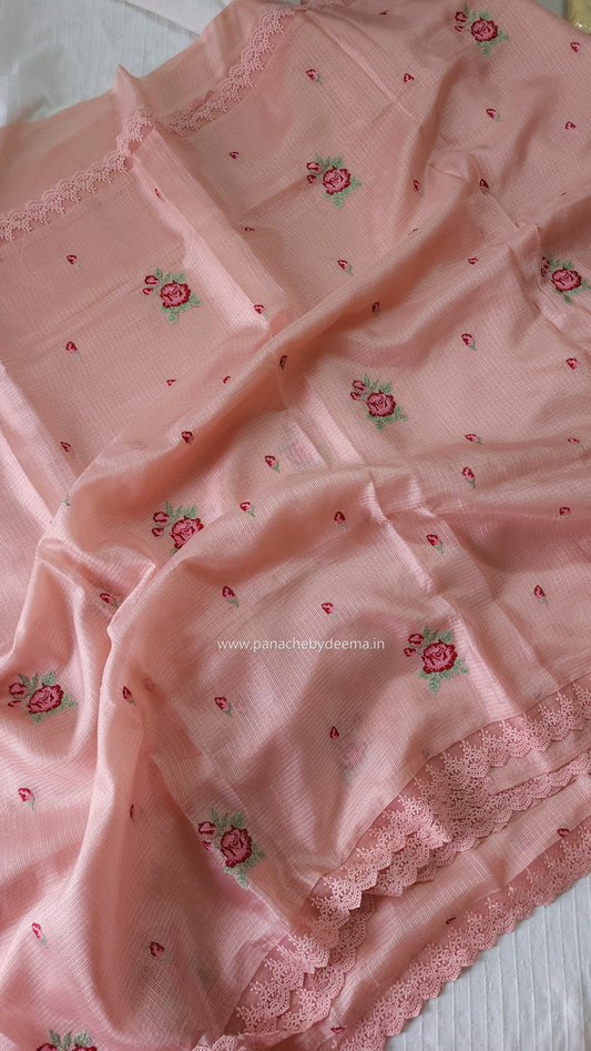 Silky Kota saree with cross stitch embroidery and lace detailed borders|Peach |SL1
