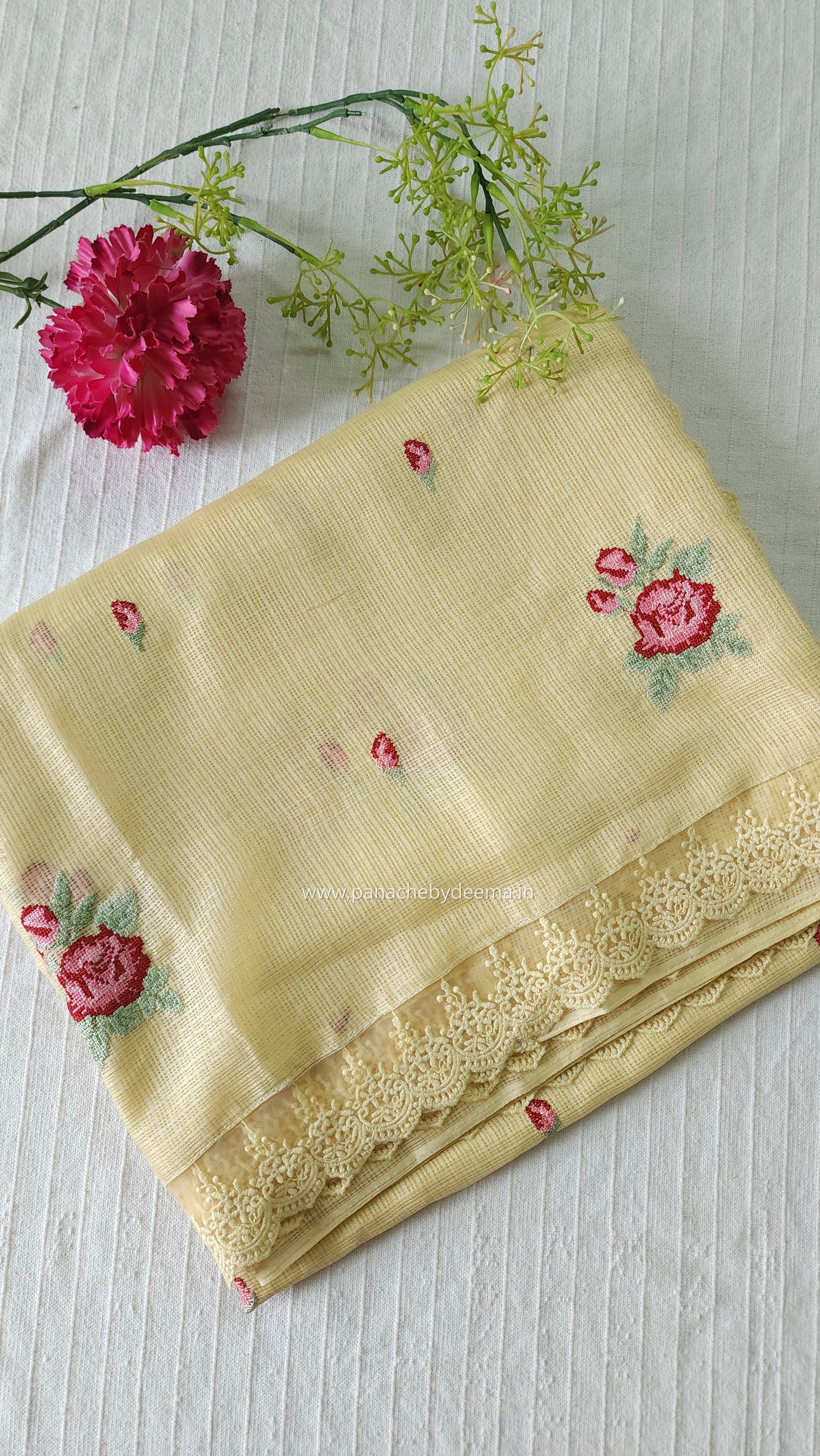 Siky Kota saree with cross stitch embroidery and lace detailed borders|Yellow |SL5