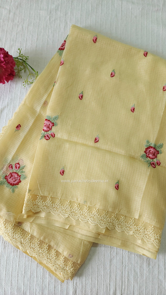 Siky Kota saree with cross stitch embroidery and lace detailed borders|Yellow |SL5