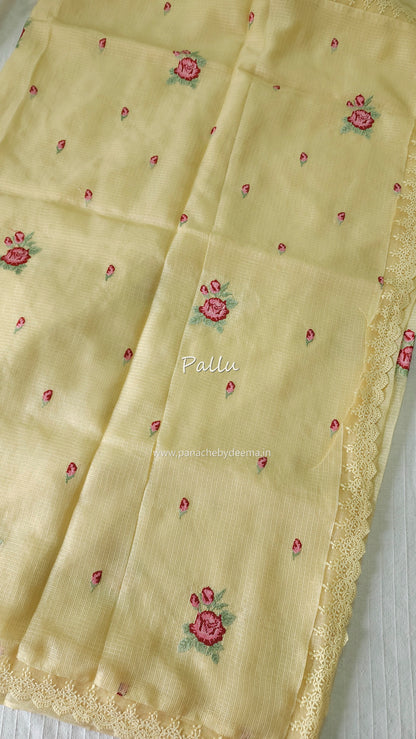 Siky Kota saree with cross stitch embroidery and lace detailed borders|Yellow |SL5