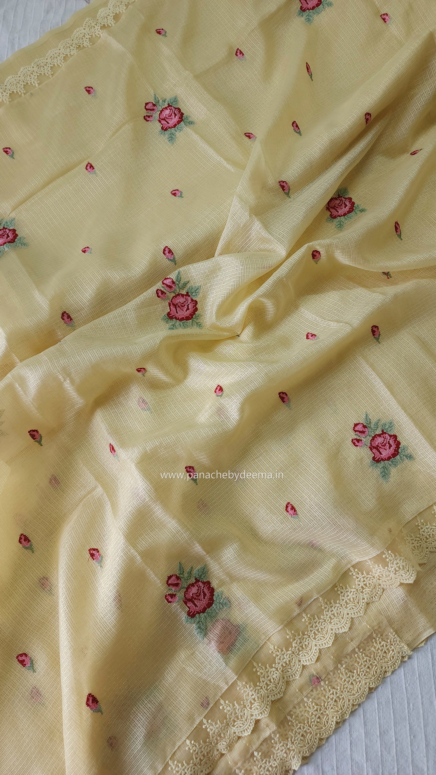 Siky Kota saree with cross stitch embroidery and lace detailed borders|Yellow |SL5
