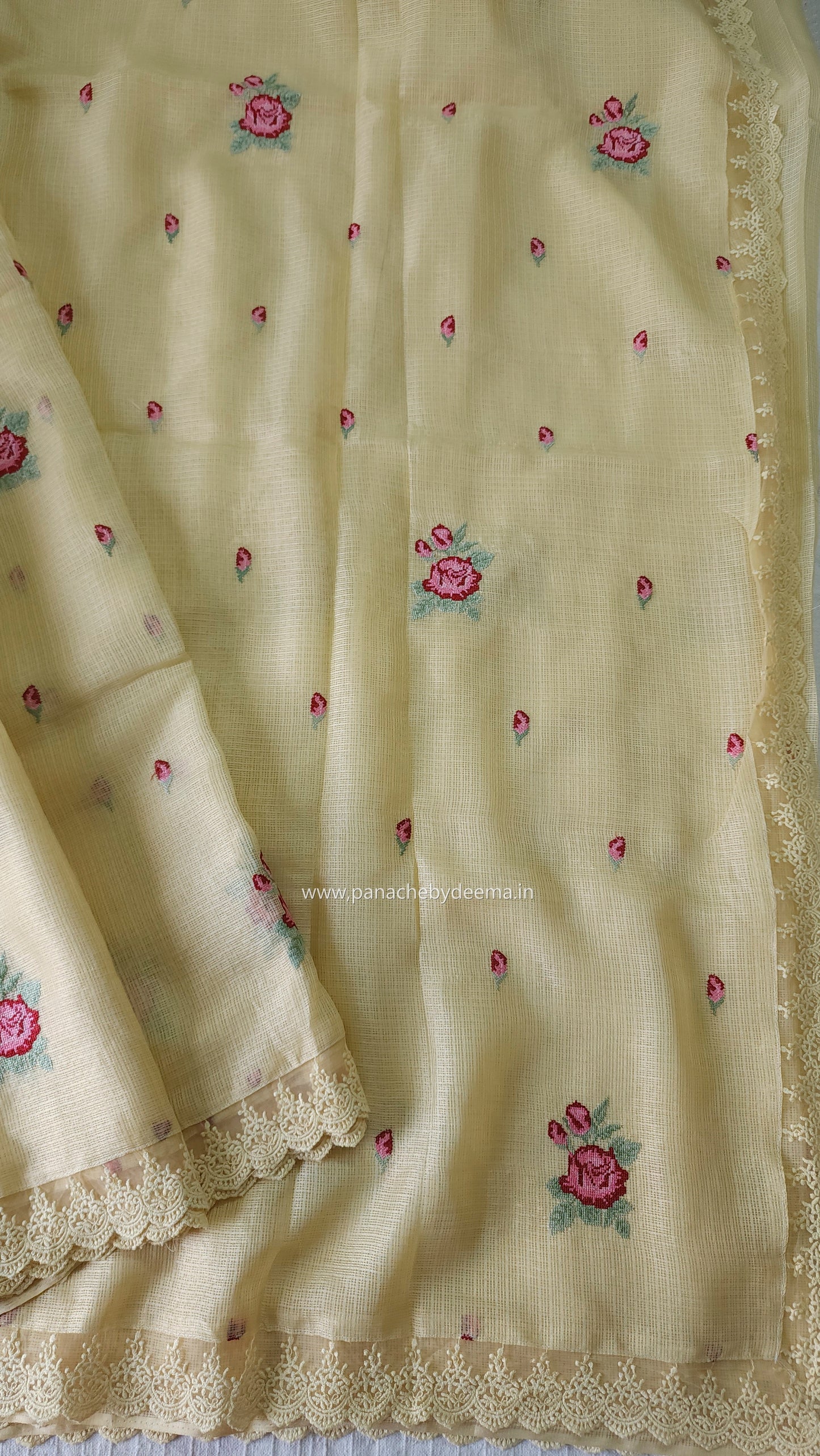 Siky Kota saree with cross stitch embroidery and lace detailed borders|Yellow |SL5