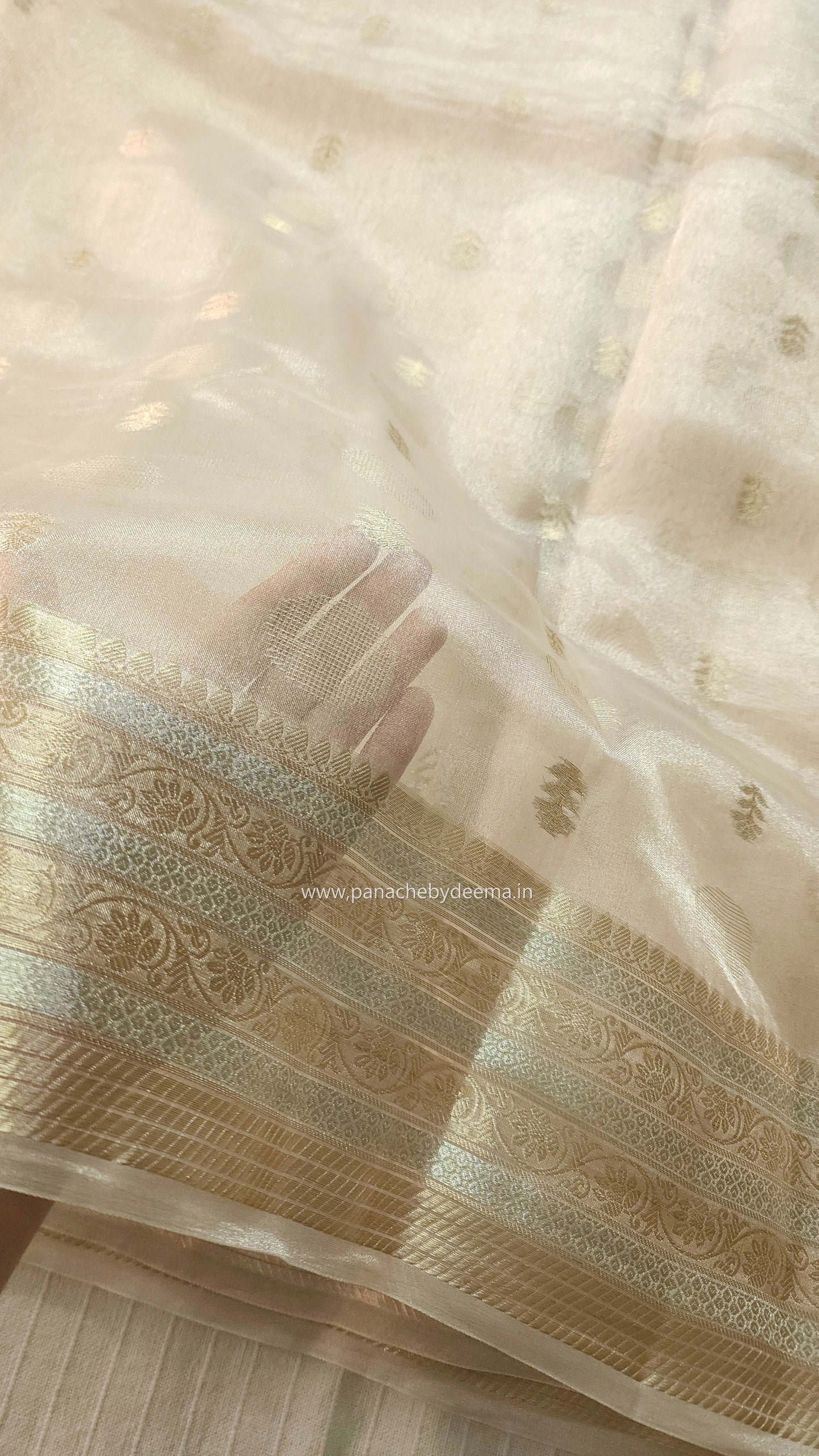 Pure tissue silk saree with gold and silver zari weaving | Light Champaigne gold | PTS1