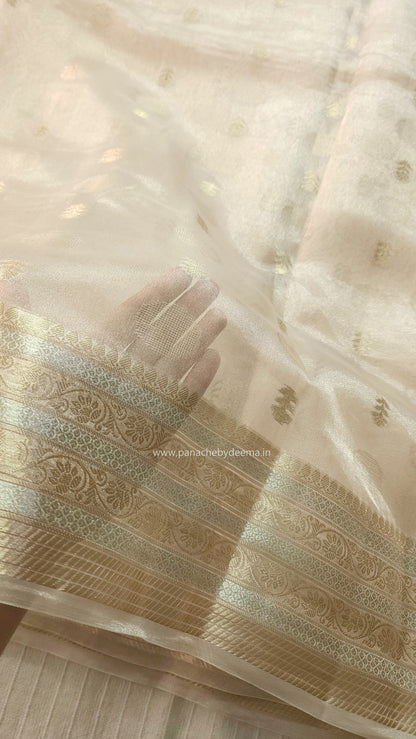 Pure tissue silk saree with gold and silver zari weaving | Light Champaigne gold | PTS1