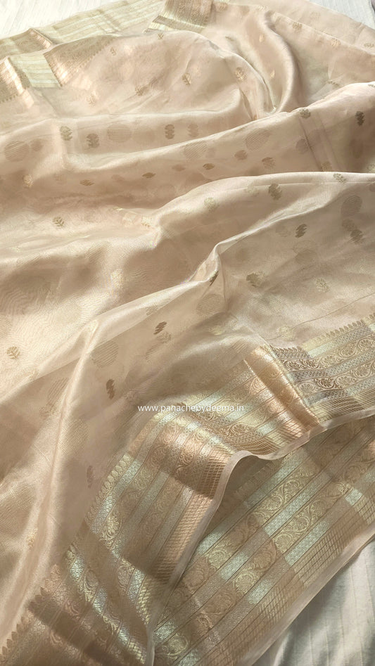 Pure tissue silk saree with gold and silver zari weaving | Light Champaigne gold | PTS1