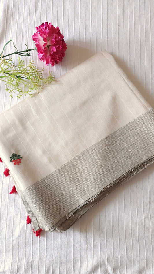 Semi tussar with hand embroidery | Off- white | HE1