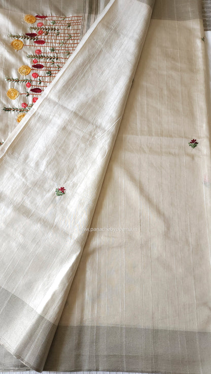 Semi tussar with hand embroidery | Off- white | HE1