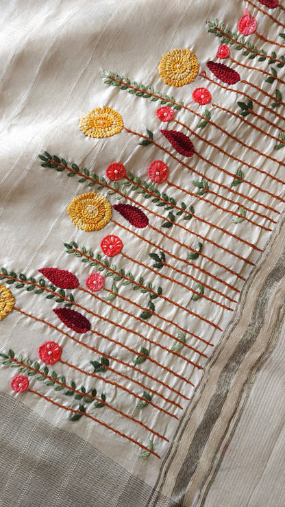 Semi tussar with hand embroidery | Off- white | HE1