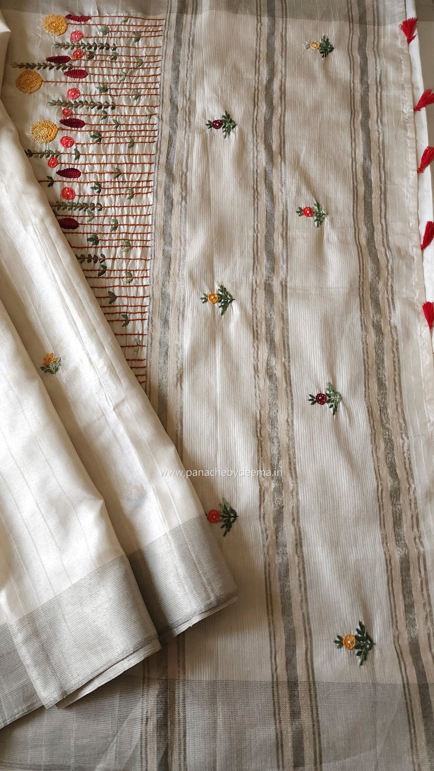 Semi tussar with hand embroidery | Off- white | HE1