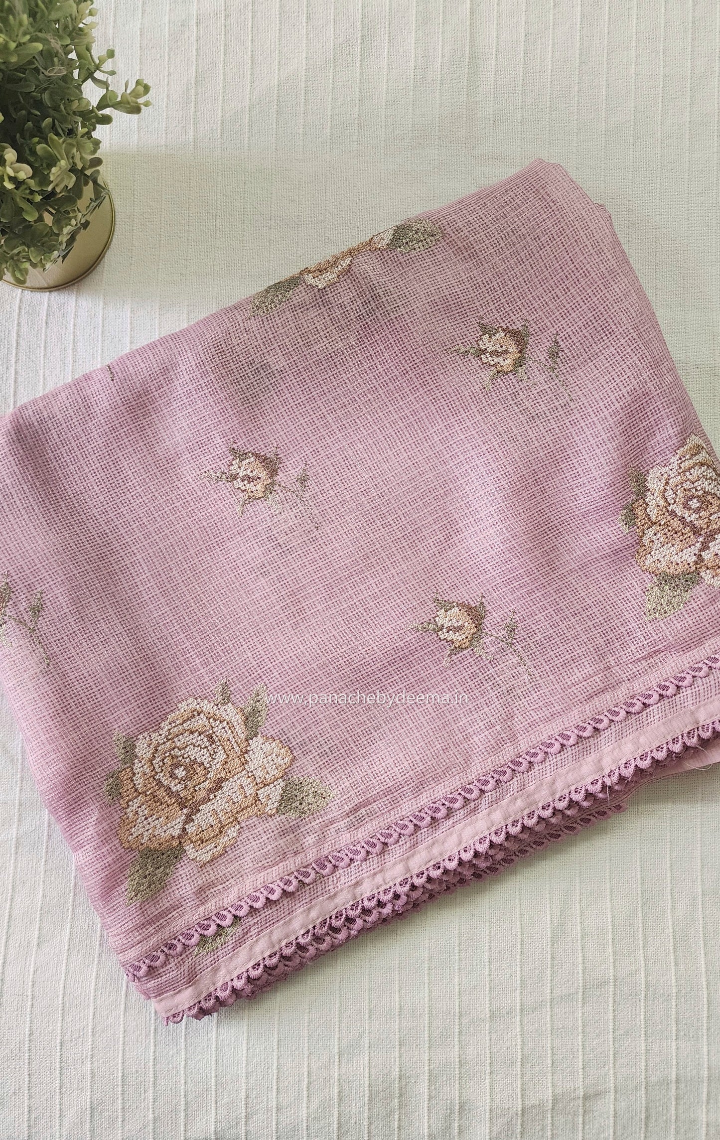 Silky Kota saree with cross stitch embroidery and lace detailed borders|Pink |SL7