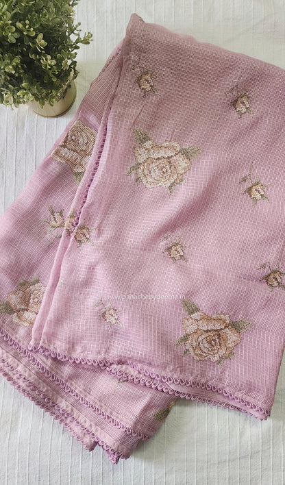 Silky Kota saree with cross stitch embroidery and lace detailed borders|Pink |SL7