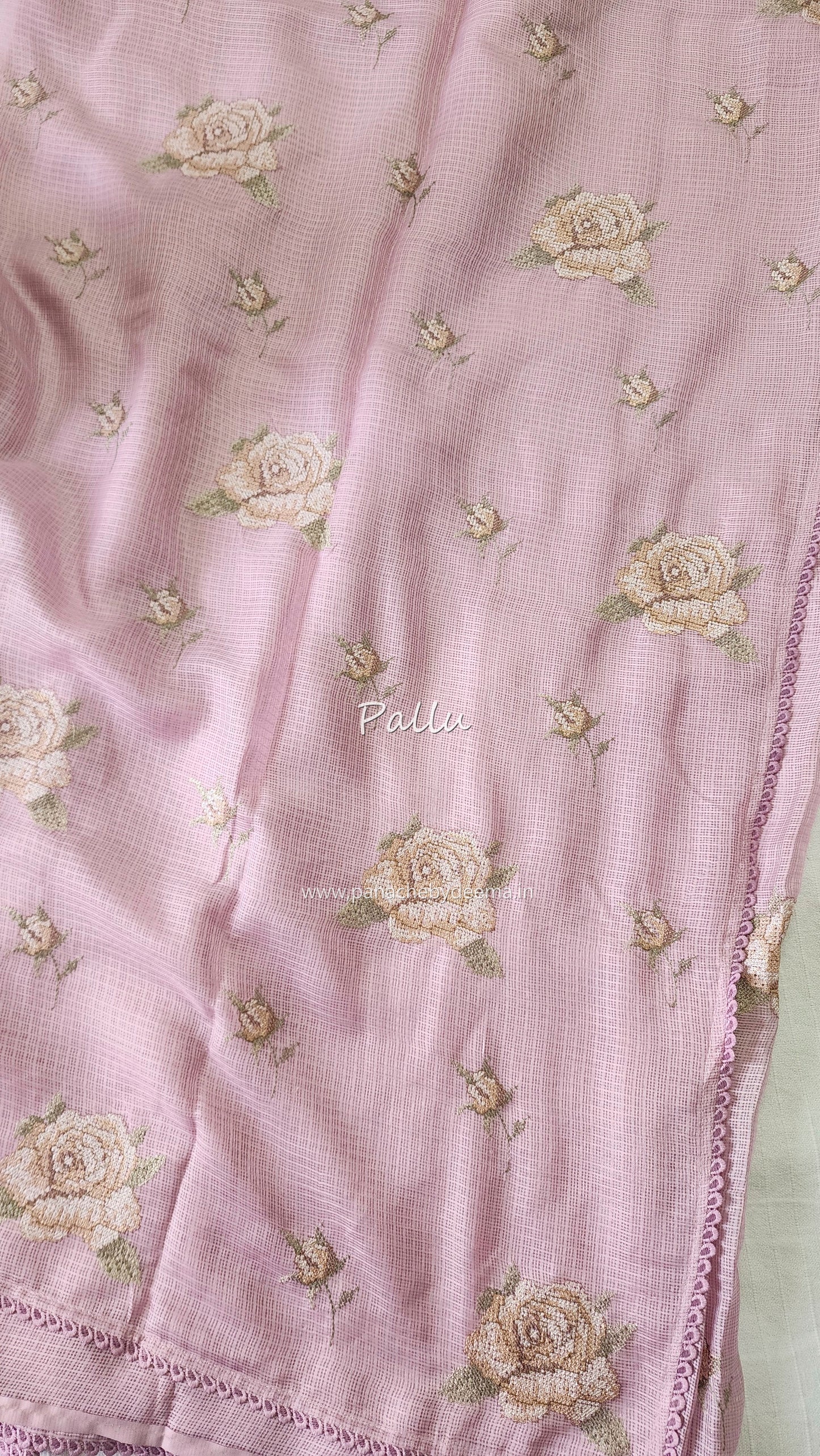 Silky Kota saree with cross stitch embroidery and lace detailed borders|Pink |SL7
