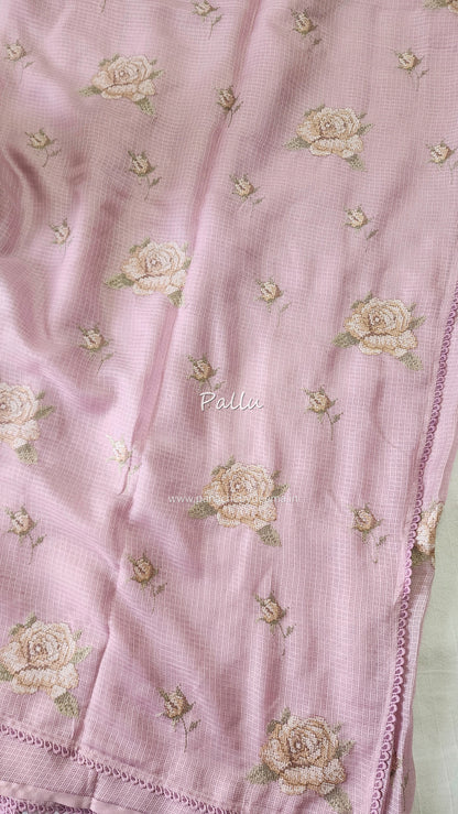 Silky Kota saree with cross stitch embroidery and lace detailed borders|Pink |SL7