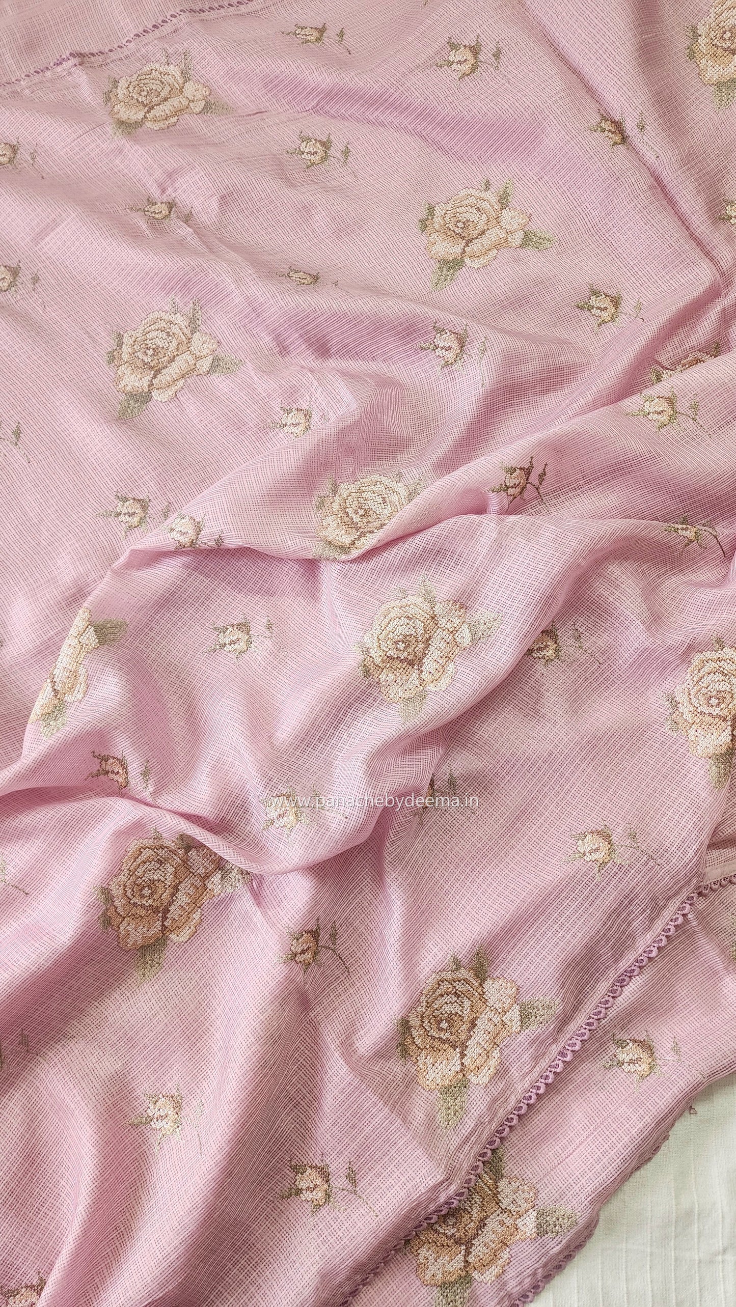 Silky Kota saree with cross stitch embroidery and lace detailed borders|Pink |SL7