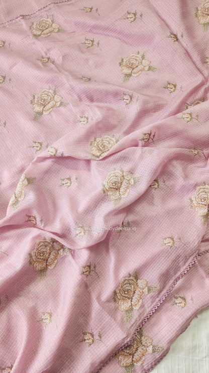 Silky Kota saree with cross stitch embroidery and lace detailed borders|Pink |SL7