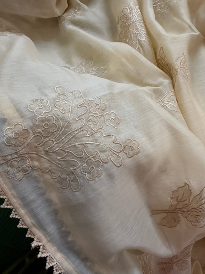 Soft mul chanderi saree with tissue applique | Light cream | MC1