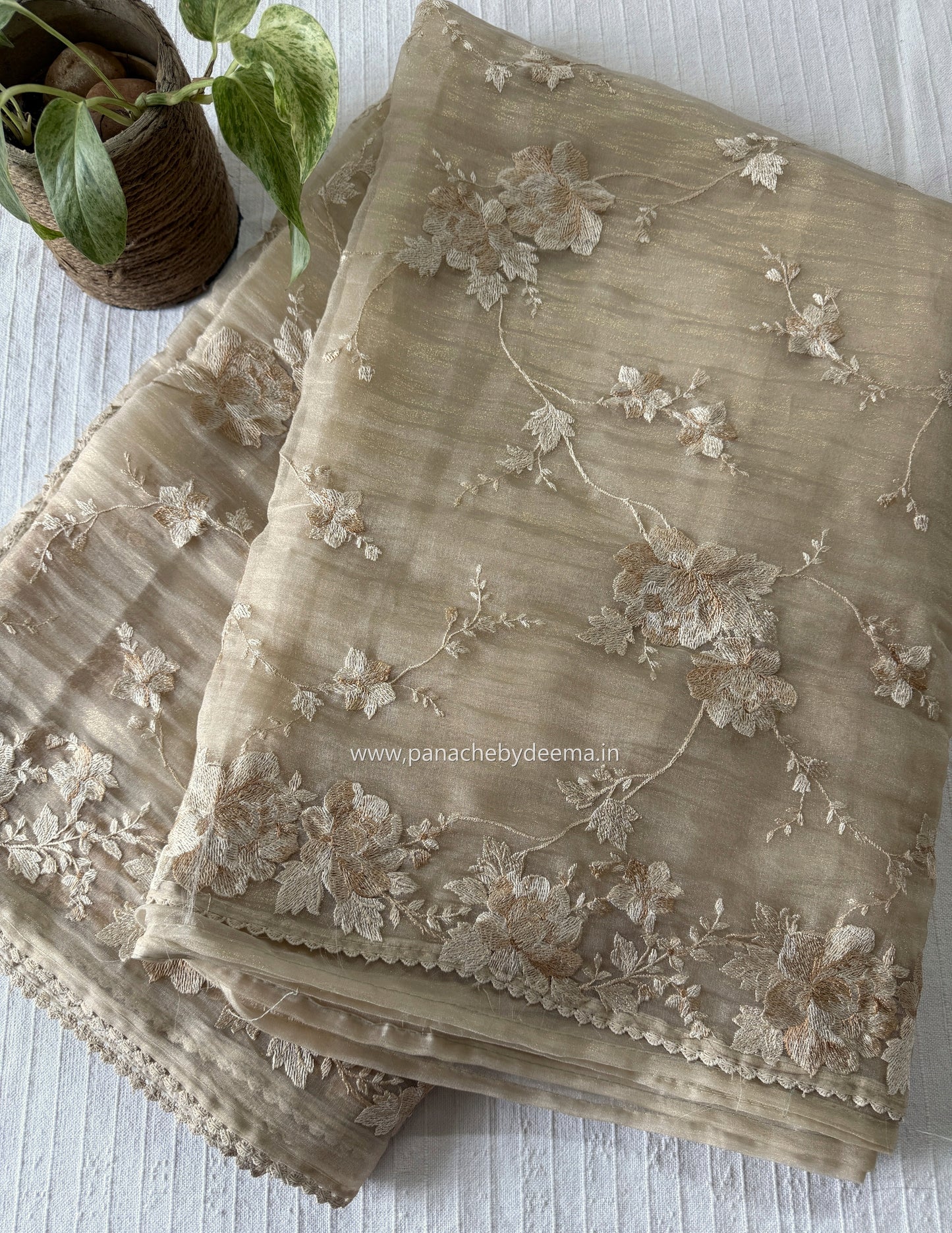 Tissue Organza saree with embroidery |Champaigne gold | E1