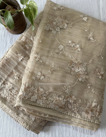 Tissue Organza saree with embroidery |Champaigne gold | E1
