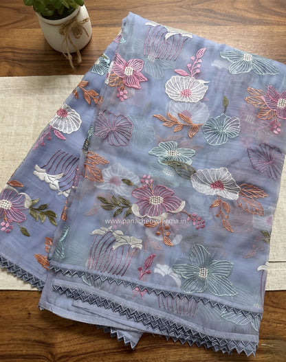 Organza saree with multi colour embroidery and lace borders | Powder Blue | VS1