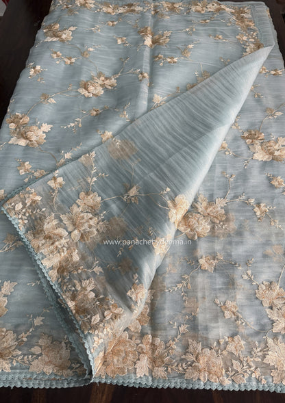 Tissue Organza saree with embroidery |Blue | E2