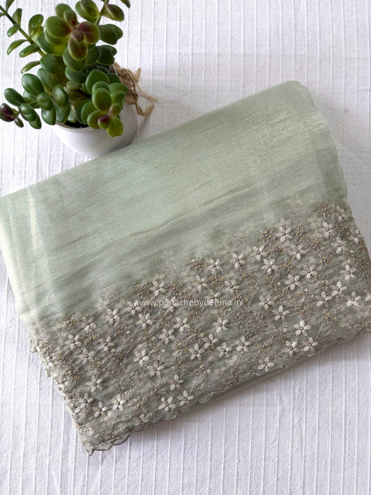 (Available on prebooking whatsapp 8296837556)Crushed tissue organza saree with embroidery and scalloped borders | Pistah green | GL6
