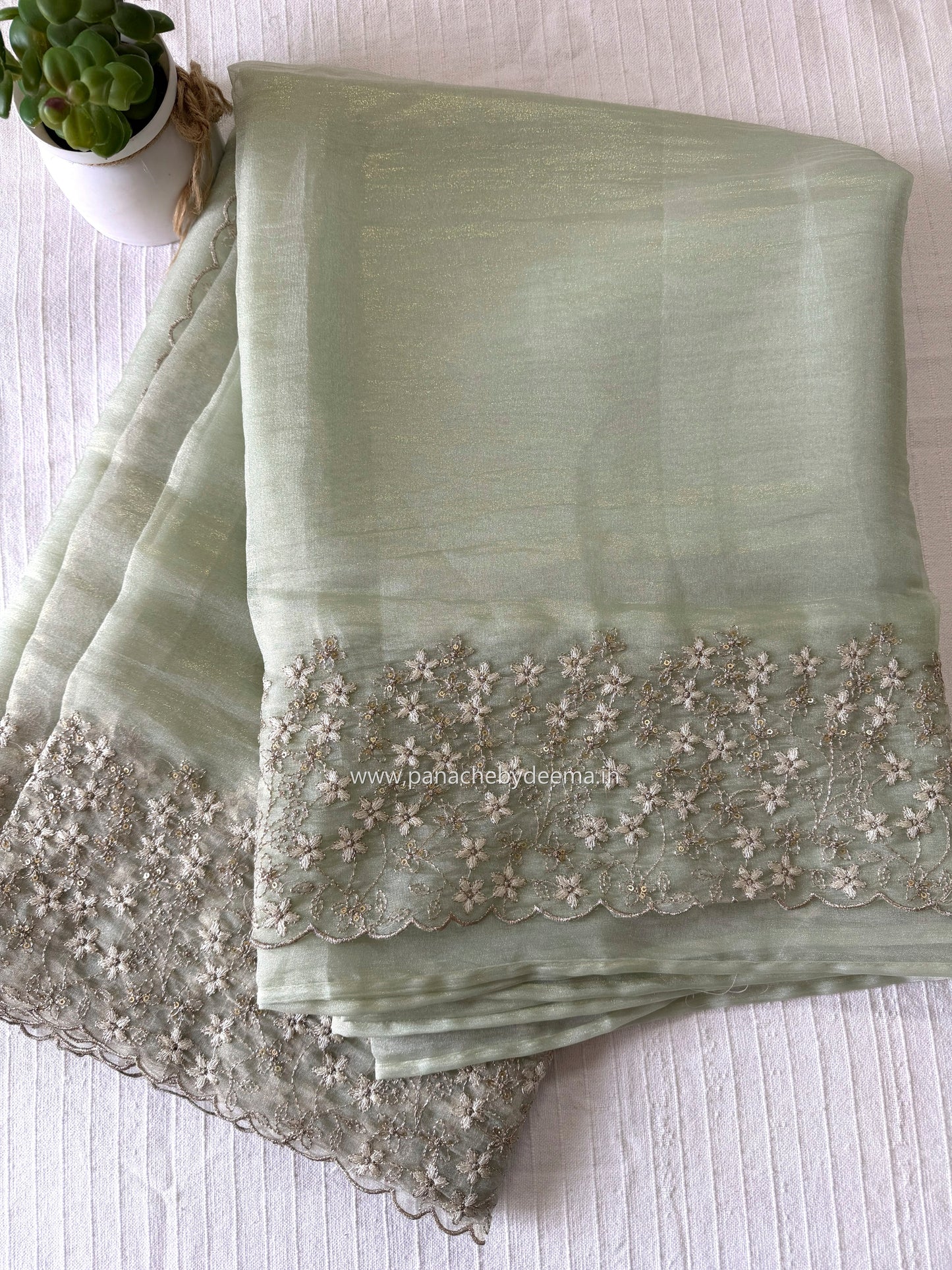 (Available on prebooking whatsapp 8296837556)Crushed tissue organza saree with embroidery and scalloped borders | Pistah green | GL6