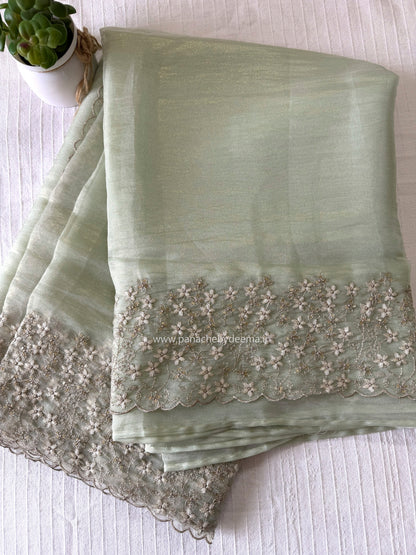 (Available on prebooking whatsapp 8296837556)Crushed tissue organza saree with embroidery and scalloped borders | Pistah green | GL6