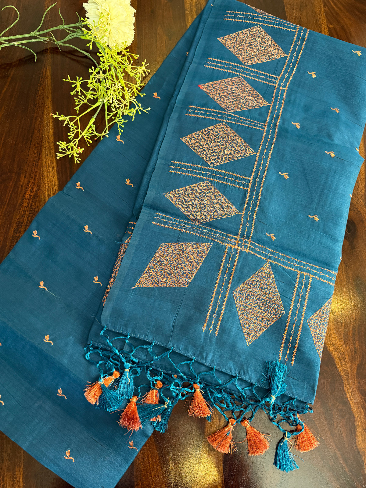 Look festive ready in this premium semi raw silk designer saree with beautiful copper zari embroidery | Teal blue | P15