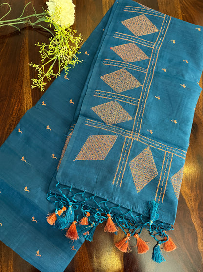 Look festive ready in this premium semi raw silk designer saree with beautiful copper zari embroidery | Teal blue | P15