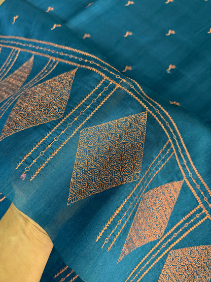 Look festive ready in this premium semi raw silk designer saree with beautiful copper zari embroidery | Teal blue | P15