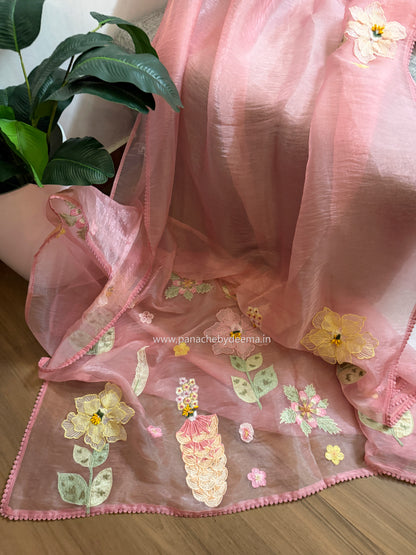 Tissue Organza saree with 3D applique work and lace detailed borders| Peach | BA2