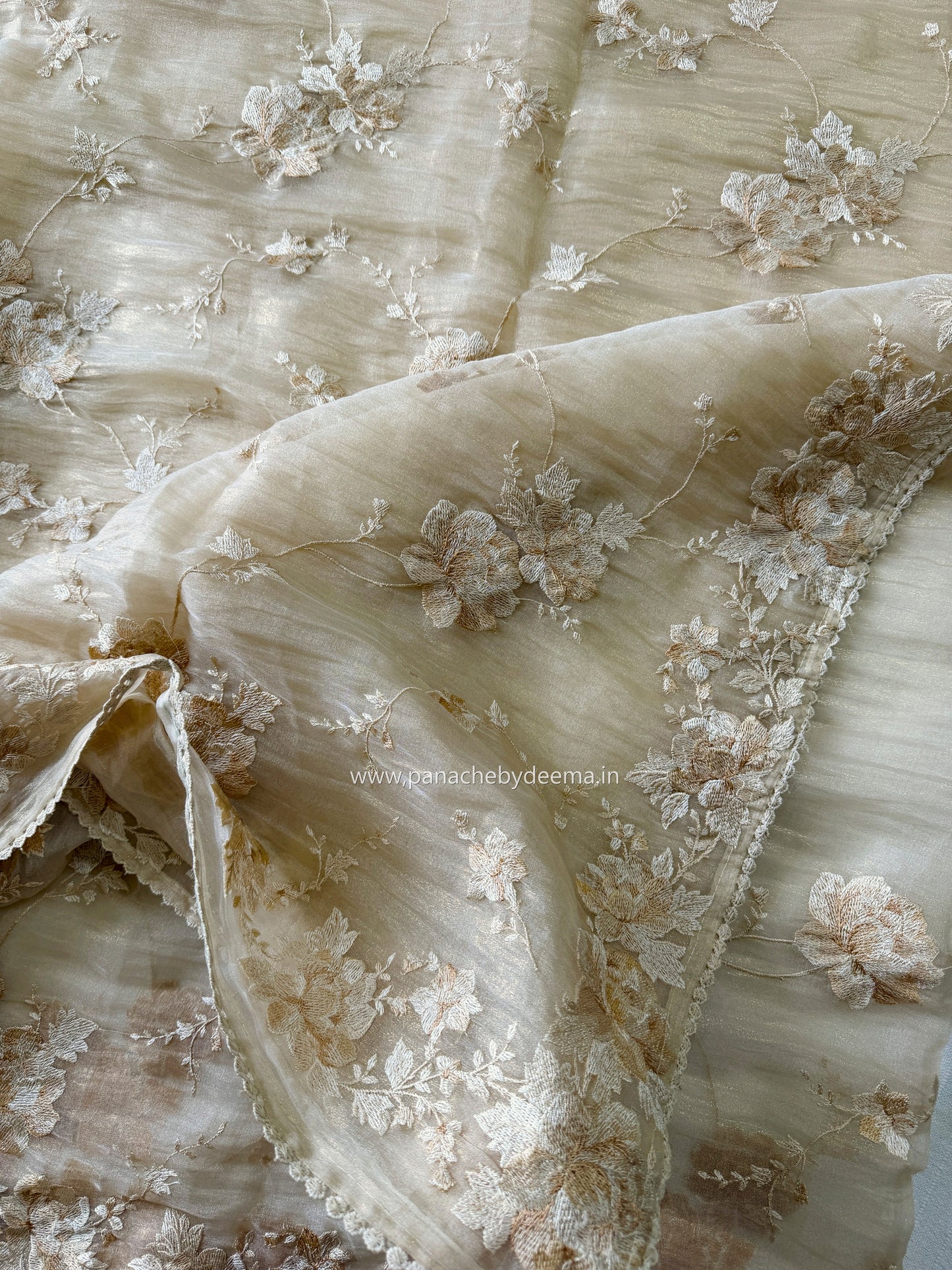 Tissue Organza saree with embroidery |Champaigne gold | E1