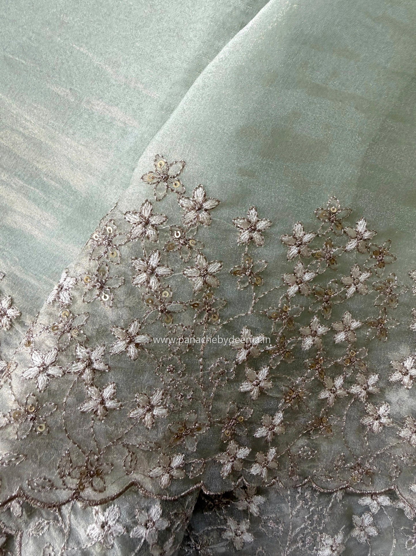(Available on prebooking whatsapp 8296837556)Crushed tissue organza saree with embroidery and scalloped borders | Pistah green | GL6