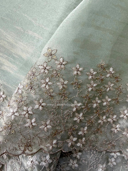 (Available on prebooking whatsapp 8296837556)Crushed tissue organza saree with embroidery and scalloped borders | Pistah green | GL6