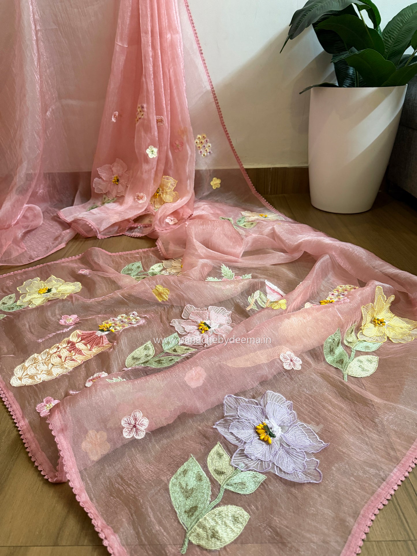 Tissue Organza saree with 3D applique work and lace detailed borders| Peach | BA2