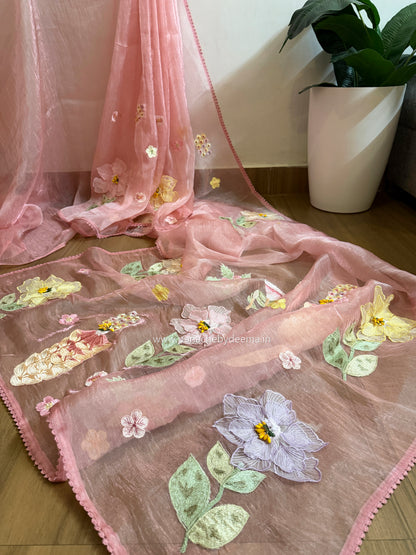 Tissue Organza saree with 3D applique work and lace detailed borders| Peach | BA2