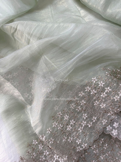 (Available on prebooking whatsapp 8296837556)Crushed tissue organza saree with embroidery and scalloped borders | Pistah green | GL6